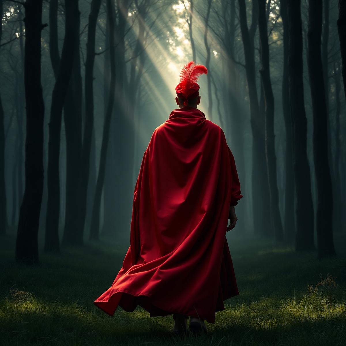Cinematic scene of a caped figure in scarlet walking through a misty greenwood